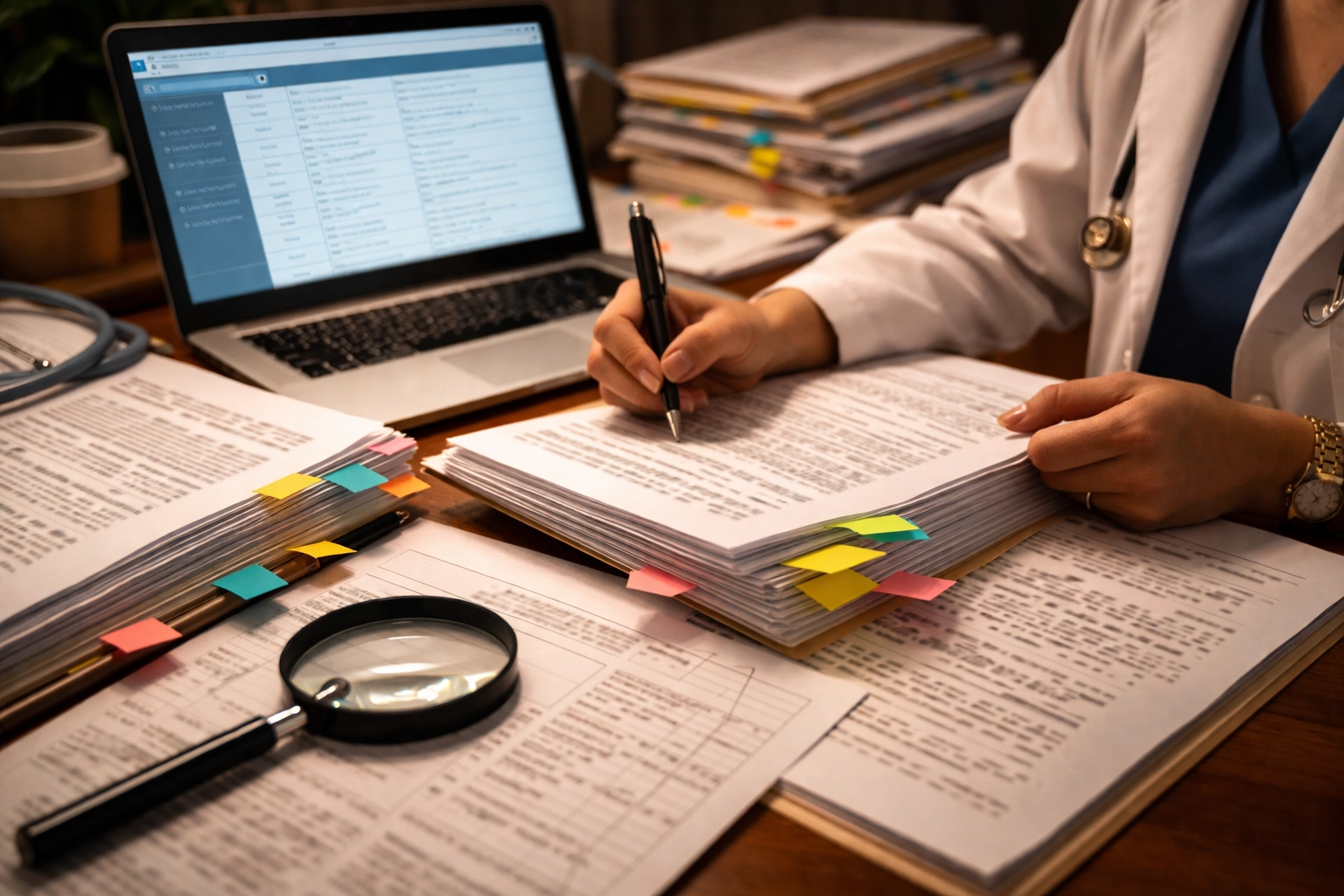 Close-up of a legal nurse consultant reviewing medical records and electronic health files, demonstrating legal nurse services in case analysis.