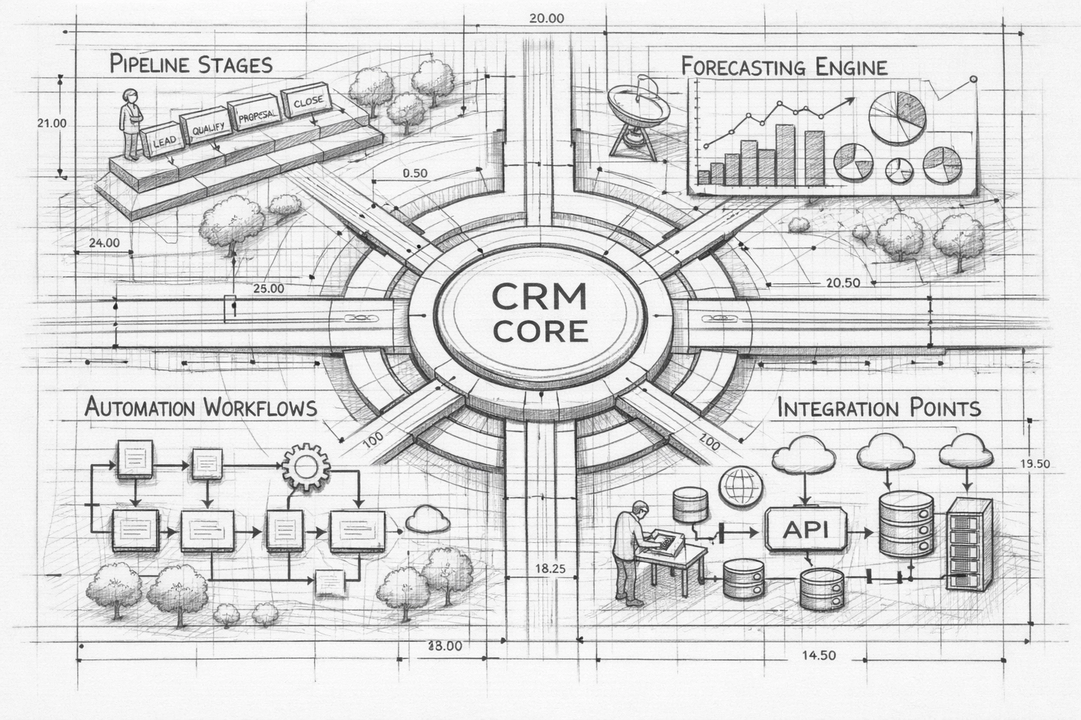 CRM automation ecosystem diagram with pipeline management and workflow integration modules