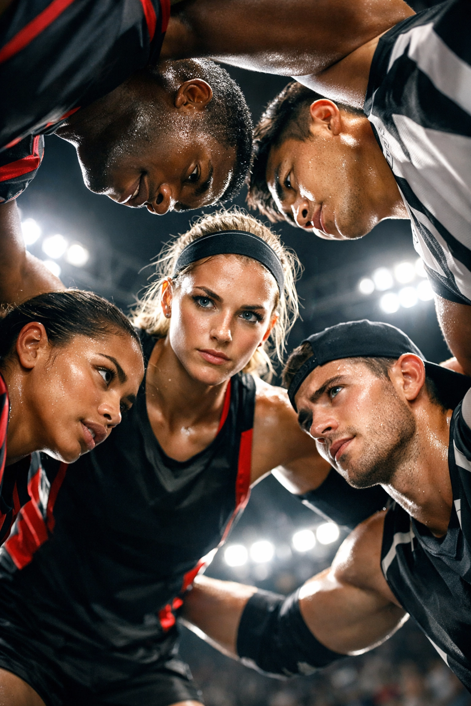 Student-athletes in a focused stadium huddle, representing unity and the power of the NIL revolution.