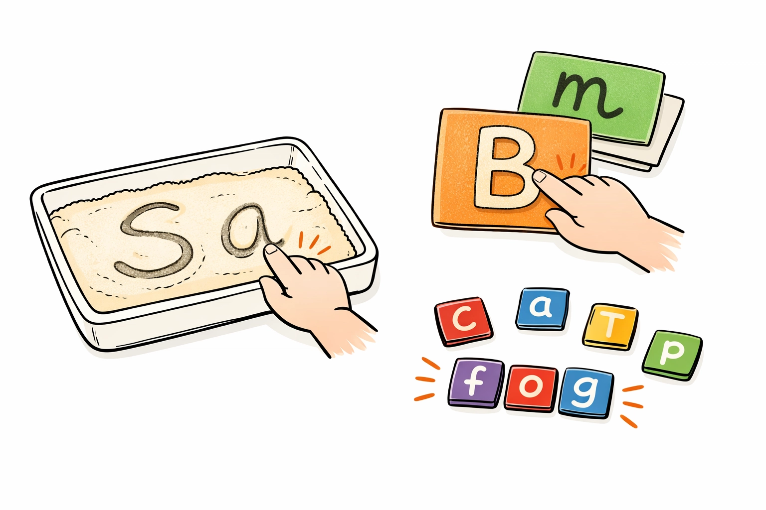 Multisensory Orton-Gillingham reading tools including sand tray, textured letters, and letter tiles