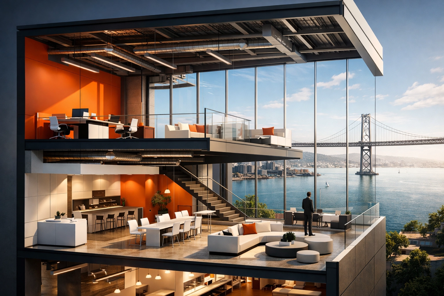 Premium San Francisco office interior with floor-to-ceiling windows and Bay views in trophy-tier building