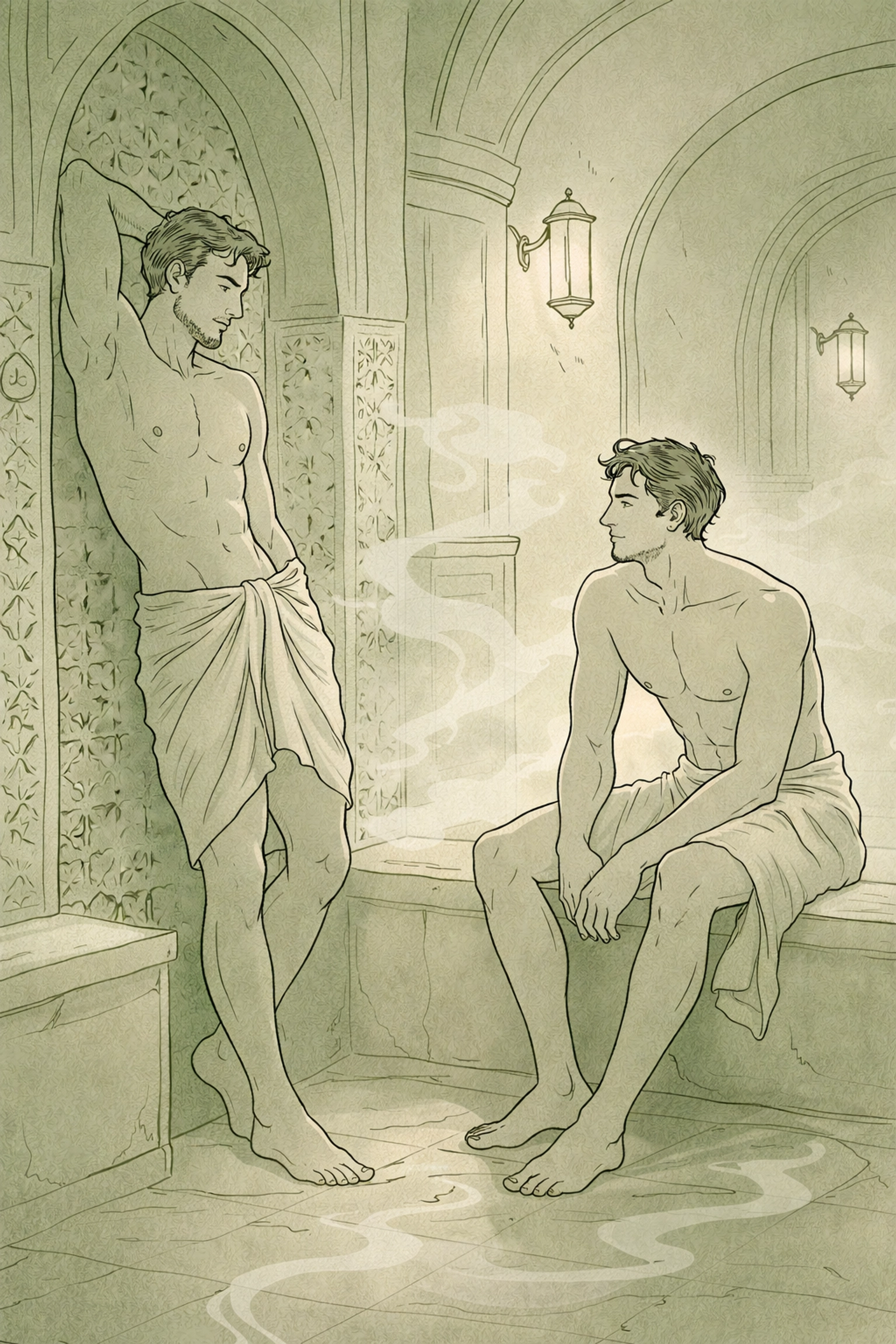 Two men sharing an intimate moment in a historic European gay bathhouse with steam and ornate tiles