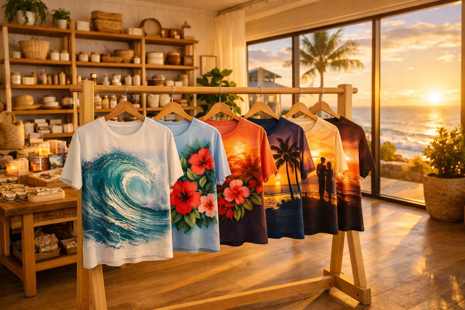 Display of custom t-shirts with coastal designs in an upscale boutique for seasonal retail sales.