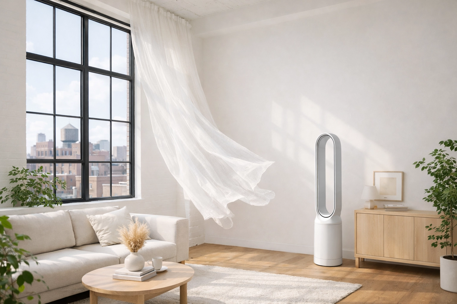 Minimalist NYC living room with fresh air from an open window and a sleek air purifier.