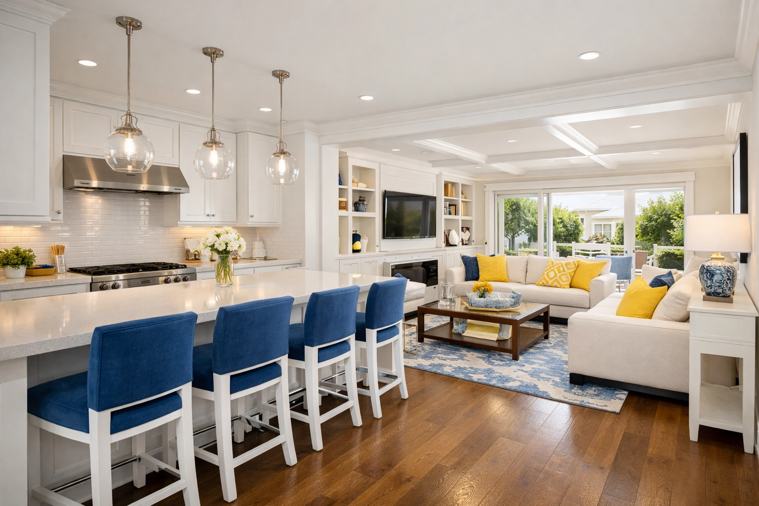 Sun-drenched luxury home showing a clean white kitchen and living room organized into professional cleaning zones.