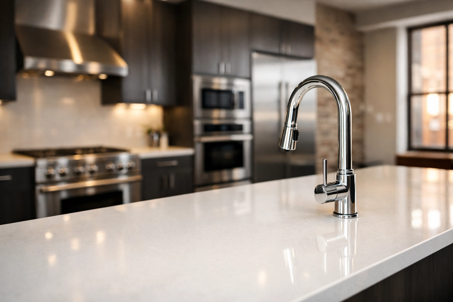 Professionally cleaned modern kitchen in an Indianapolis loft, ready for tenant move-in.