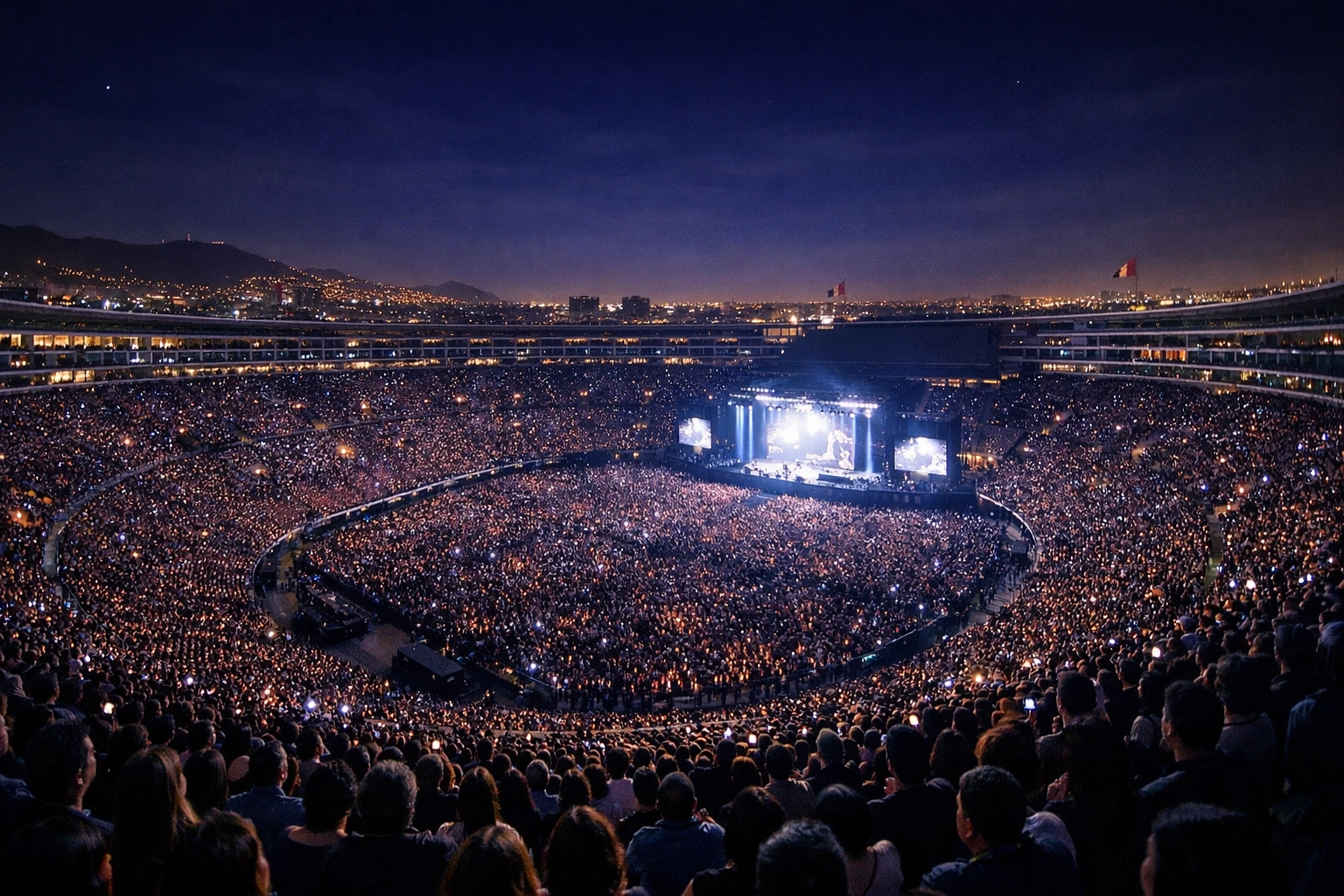 Over 90,000 people gathering at Estadio Monumental in Lima, Peru for the Esperanza Lima festival.