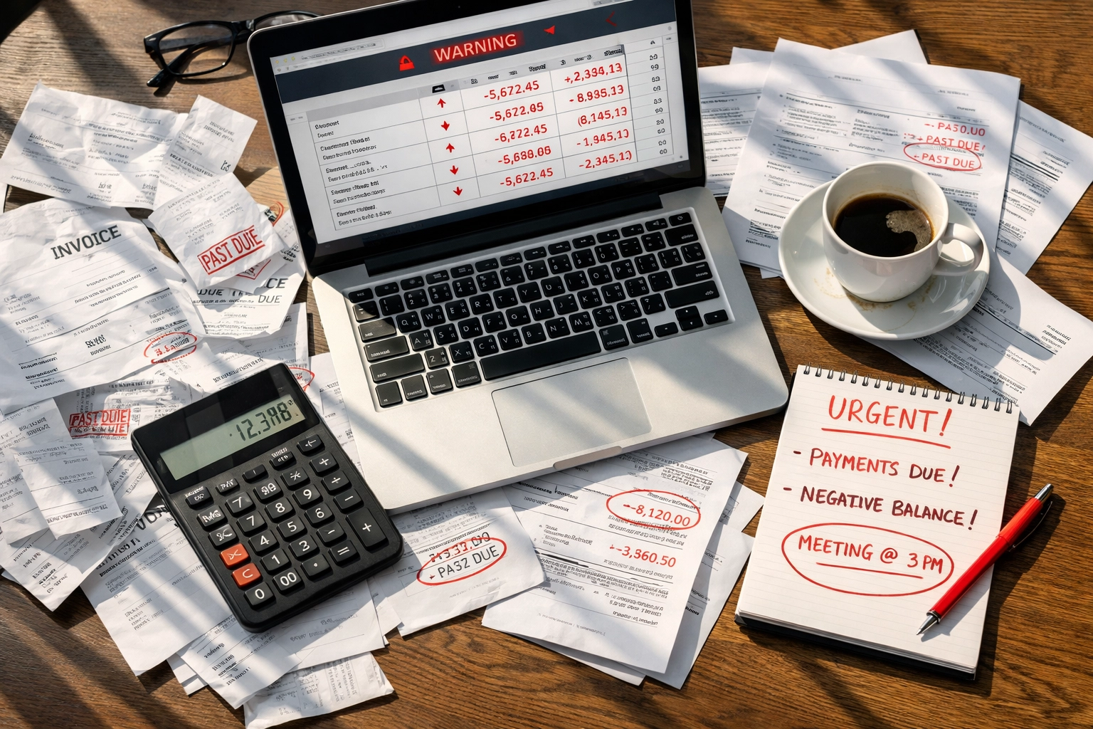 Restaurant manager analyzing financial spreadsheets and invoices during operational crisis meeting