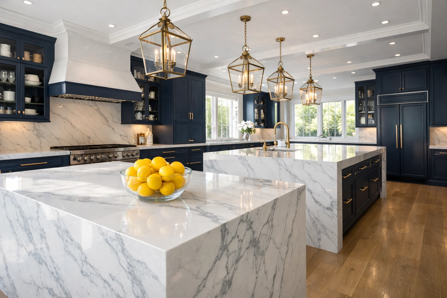Pristine Dover luxury kitchen with polished marble surfaces after residential cleaning Massachusetts service.