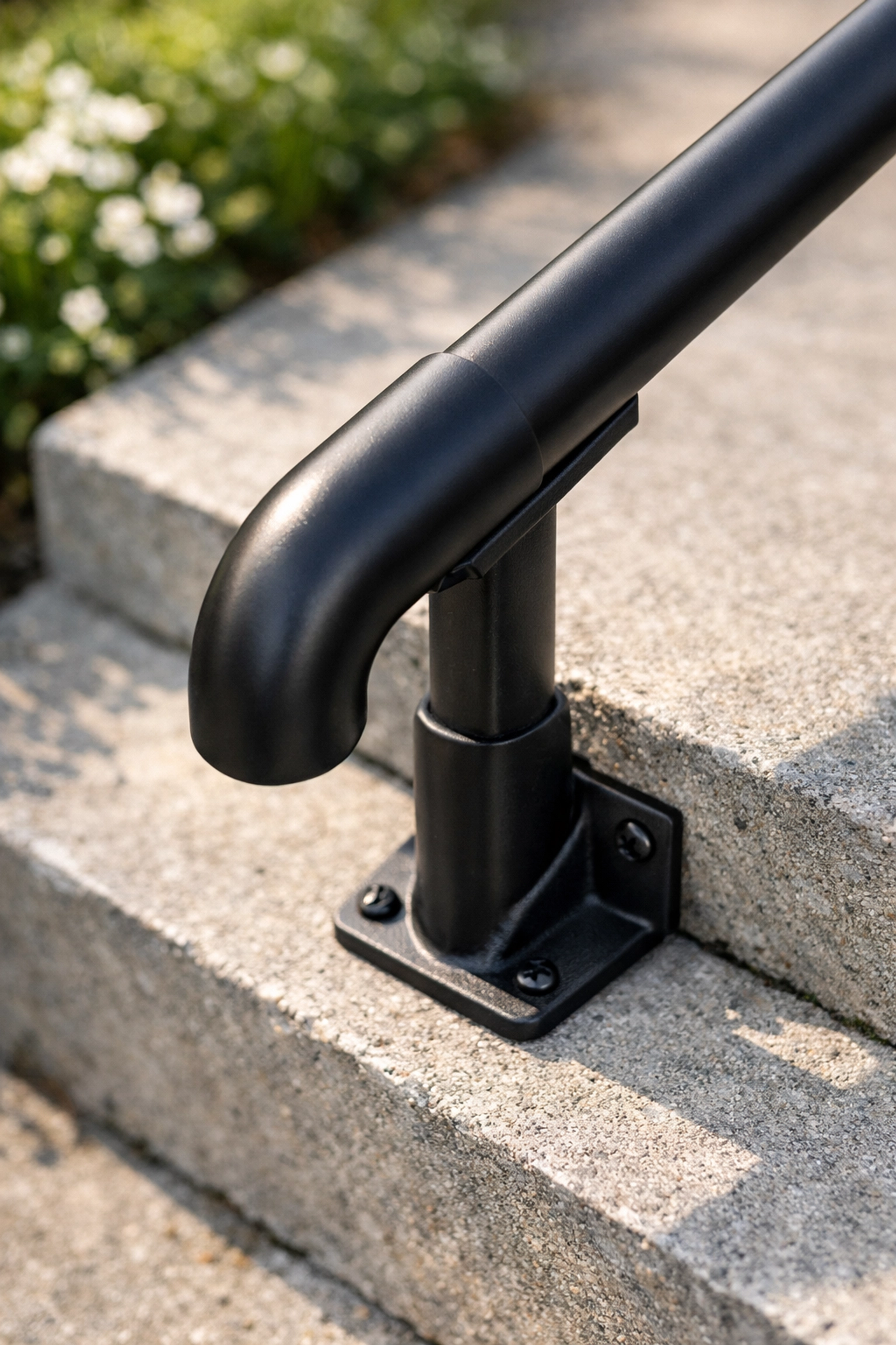 Sturdy black metal handrail installed on concrete steps for secure balance and fall prevention.