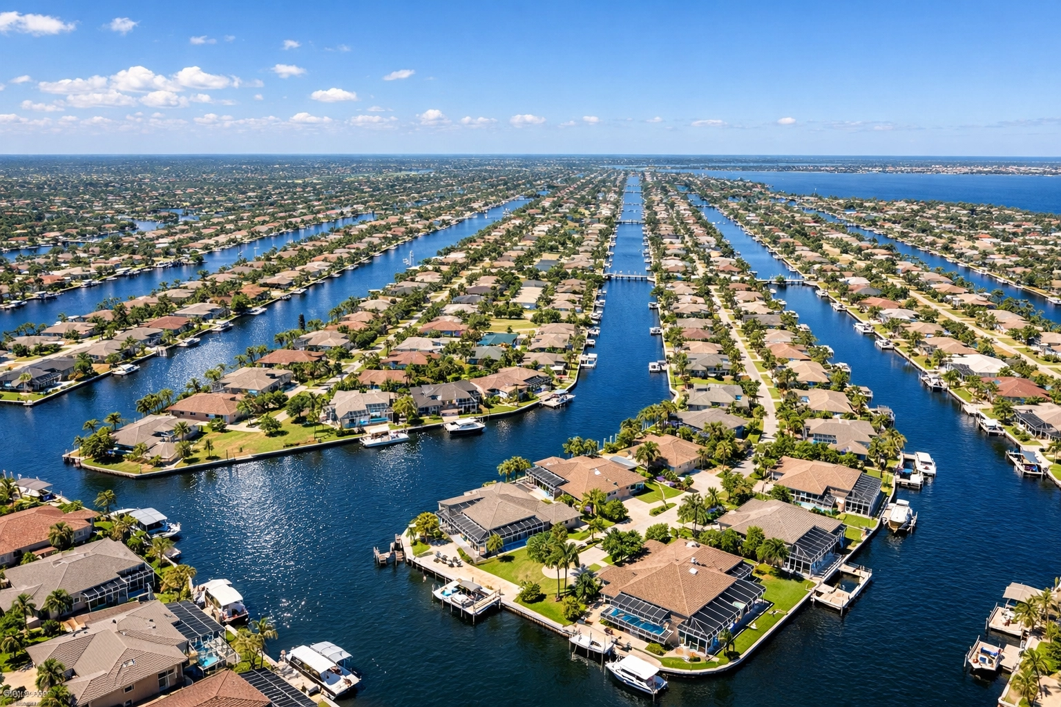 Aerial view of the expansive Cape Coral canal system and waterfront real estate quadrants.