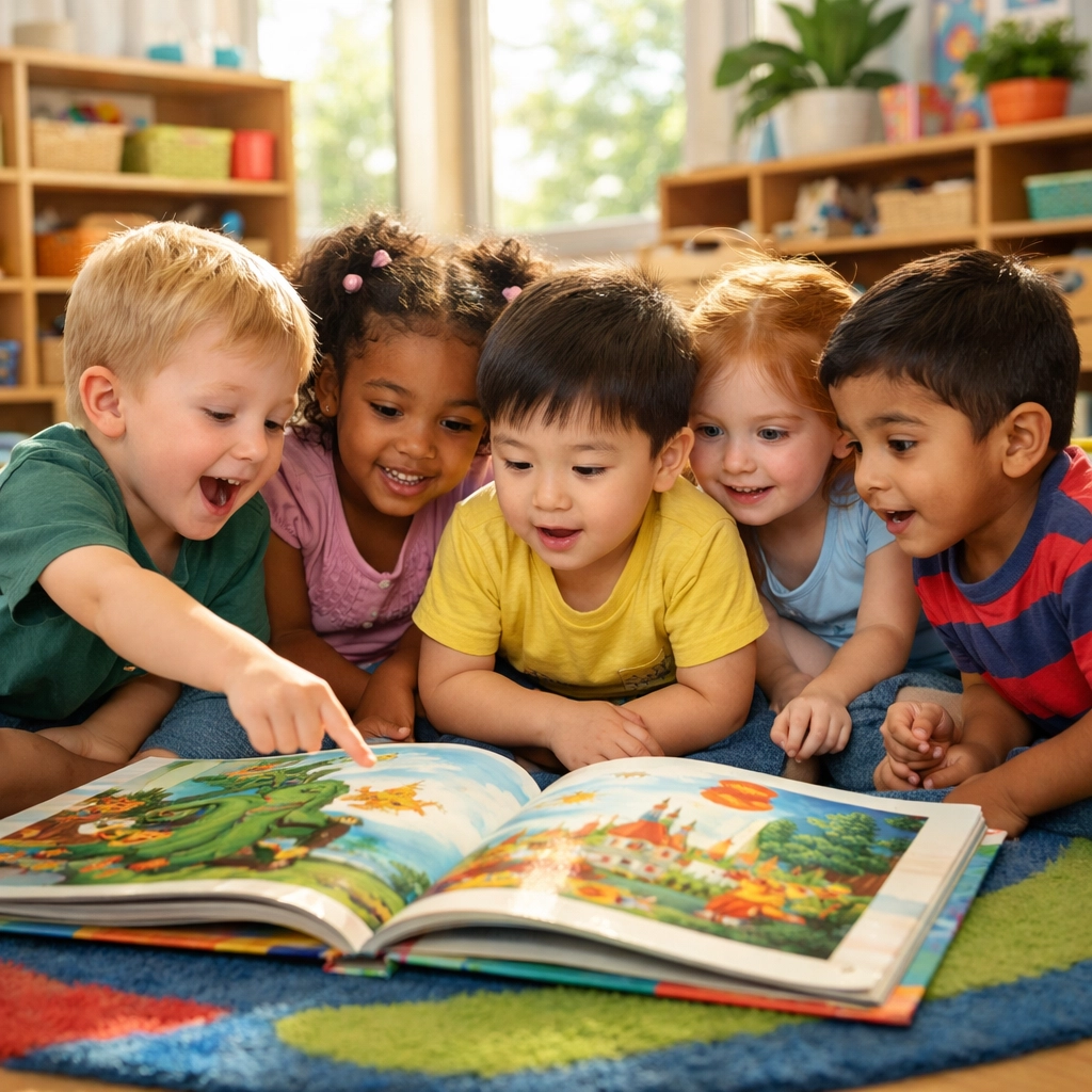 Preschool children enjoying storytime together on a rug at Rainbow Hut Early Learning Centre.