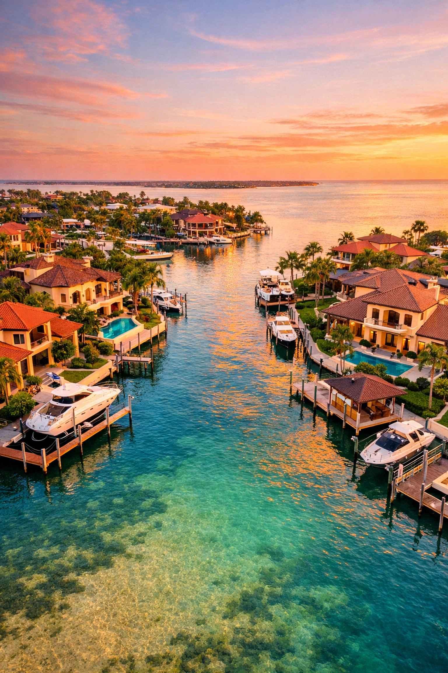 Aerial view of luxury SWFL waterfront homes with private docks along a canal at sunset