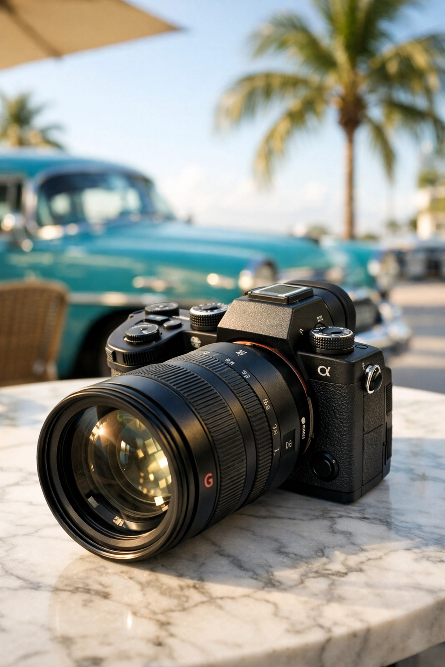 Mirrorless camera and lens on a Miami cafe table, essential gear for fine art photography in Miami.