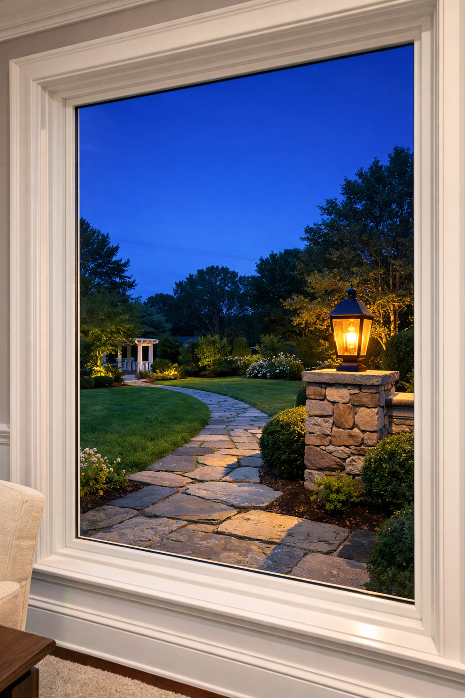A pristine Georgetown home interior with flawlessly clean windows overlooking a manicured landscape.