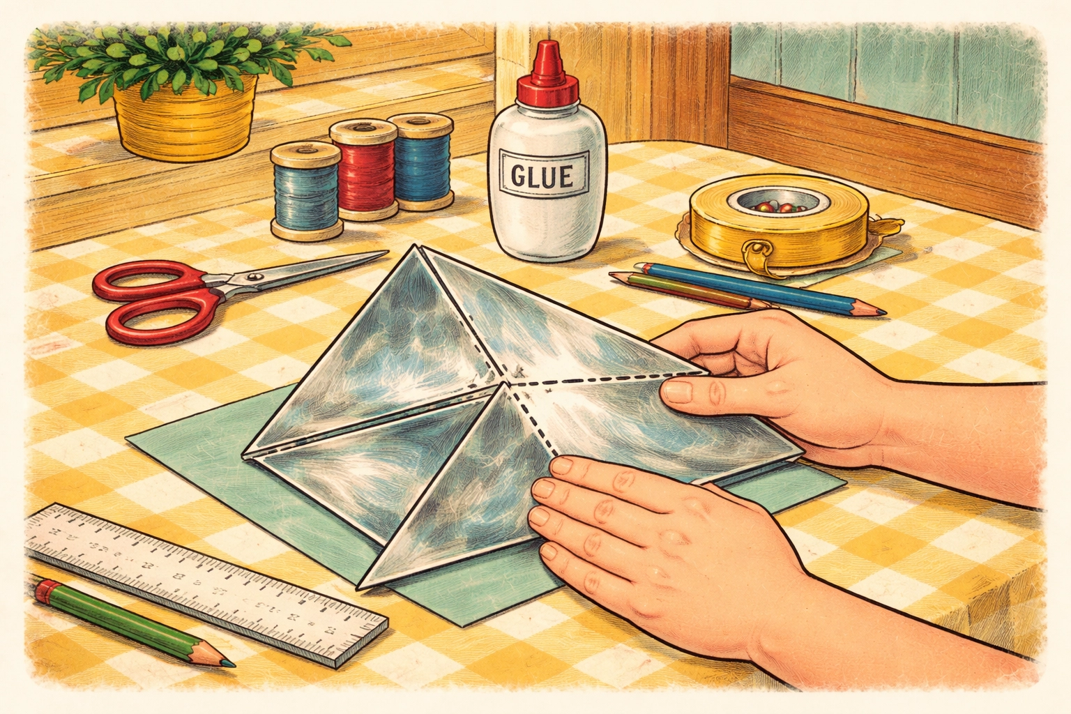 Hands folding a reflective Mylar triangle for kaleidoscope making on a kid-friendly craft table