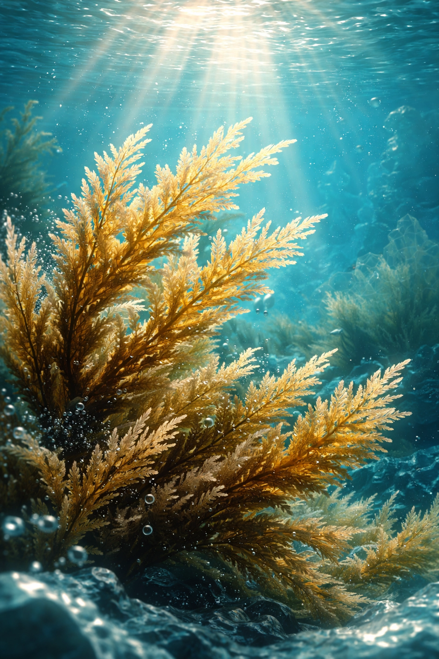 Raw Irish Sea Moss floating in ocean water, a natural source of 92 essential minerals