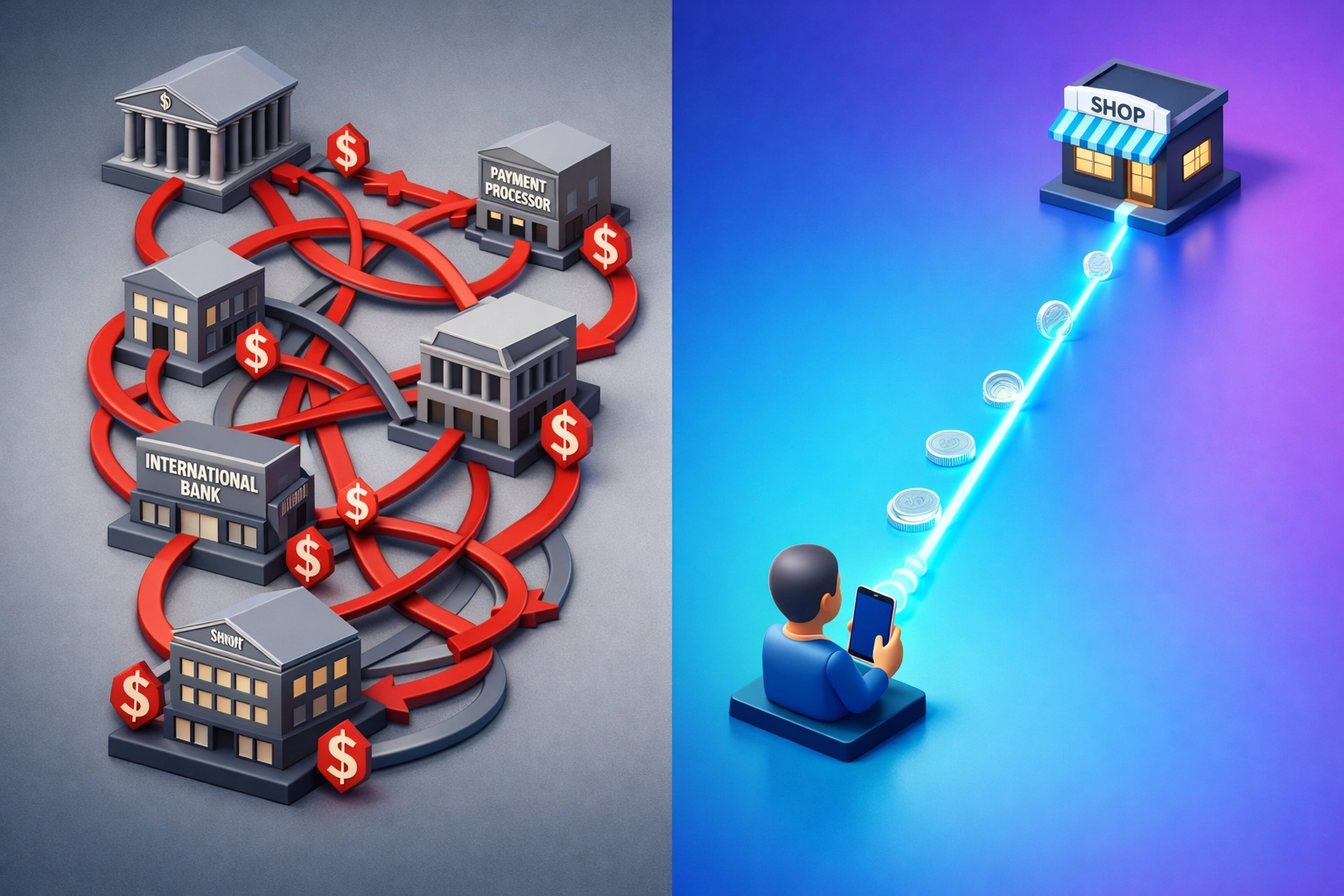 Traditional payment processing vs Web3 blockchain payments comparison showing fee reduction