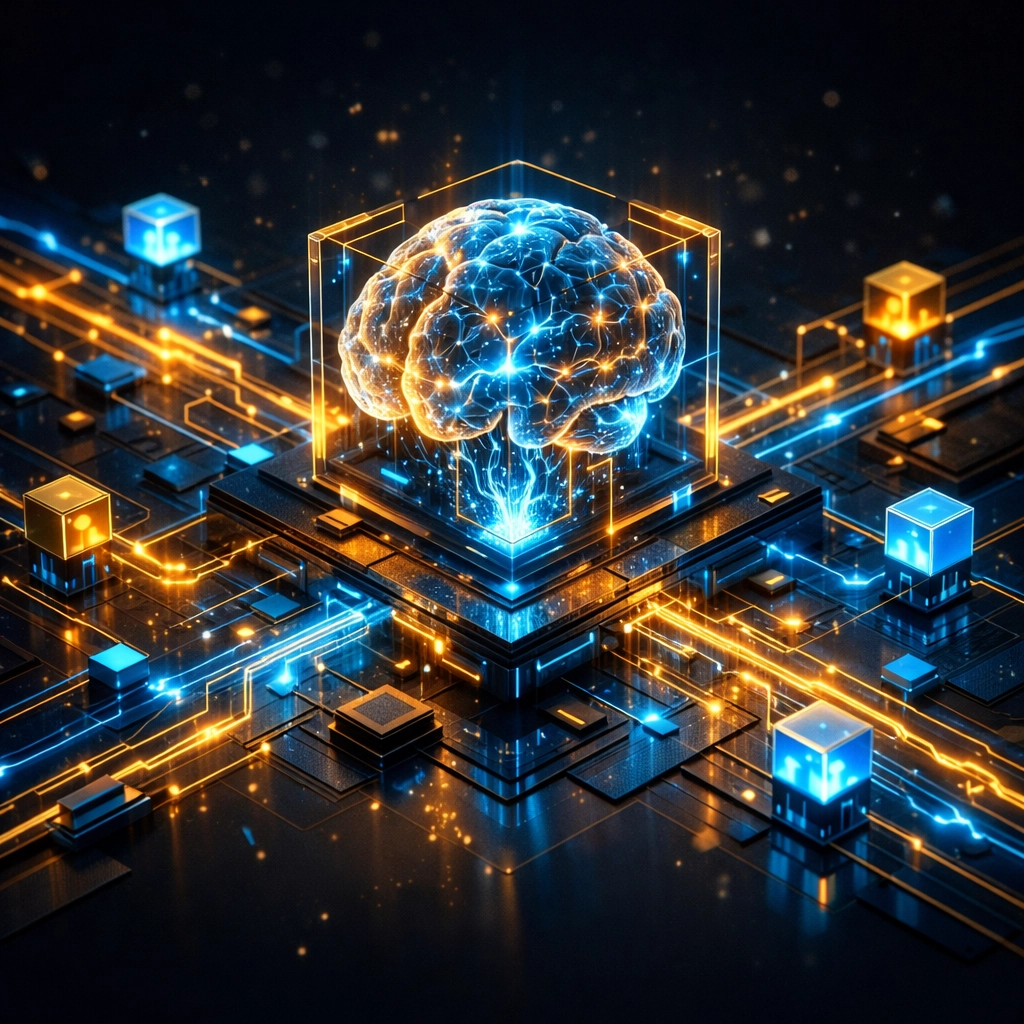 Intelligent AI network core optimizing crypto payment routing for low transaction fees.