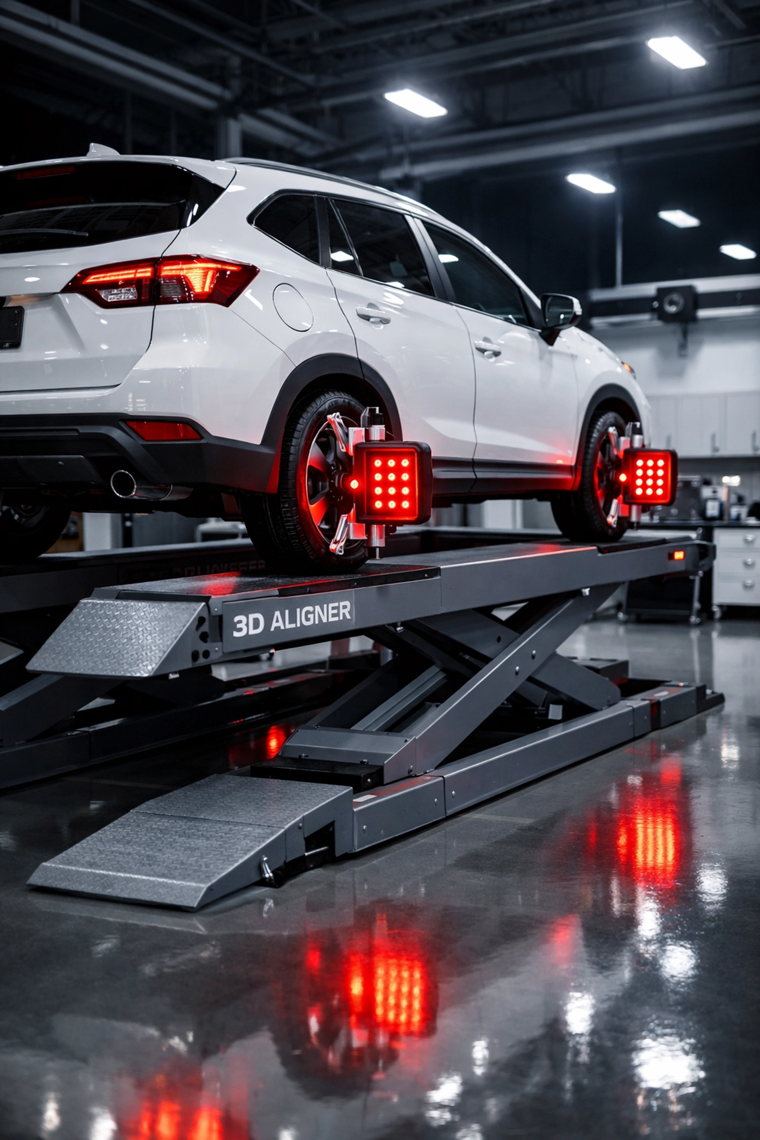 Advanced 3D wheel alignment system using digital sensors on a vehicle in a professional Barrie service bay.