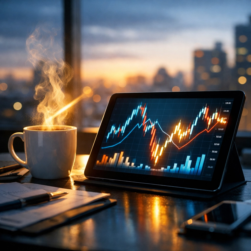 Tablet showing volatile mortgage market interest rate charts on a professional desk at dawn.