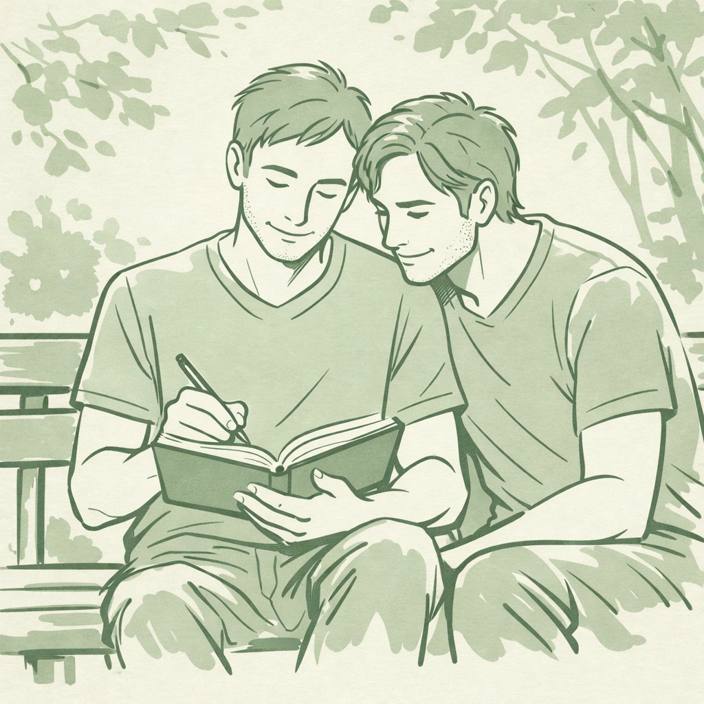 Two gay men journaling together on park bench during Pride season summer