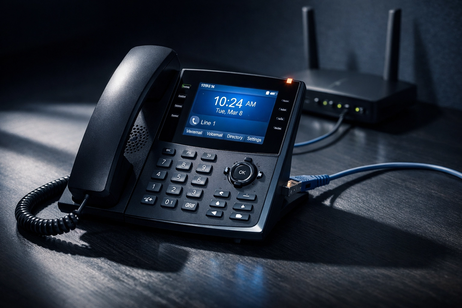 Modern VoIP desk phone connected to router on business office desk