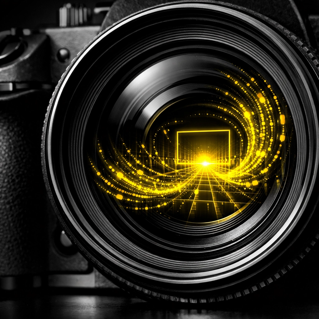 A camera lens reflecting a digital grid, illustrating AI marketing technology for real estate agents.