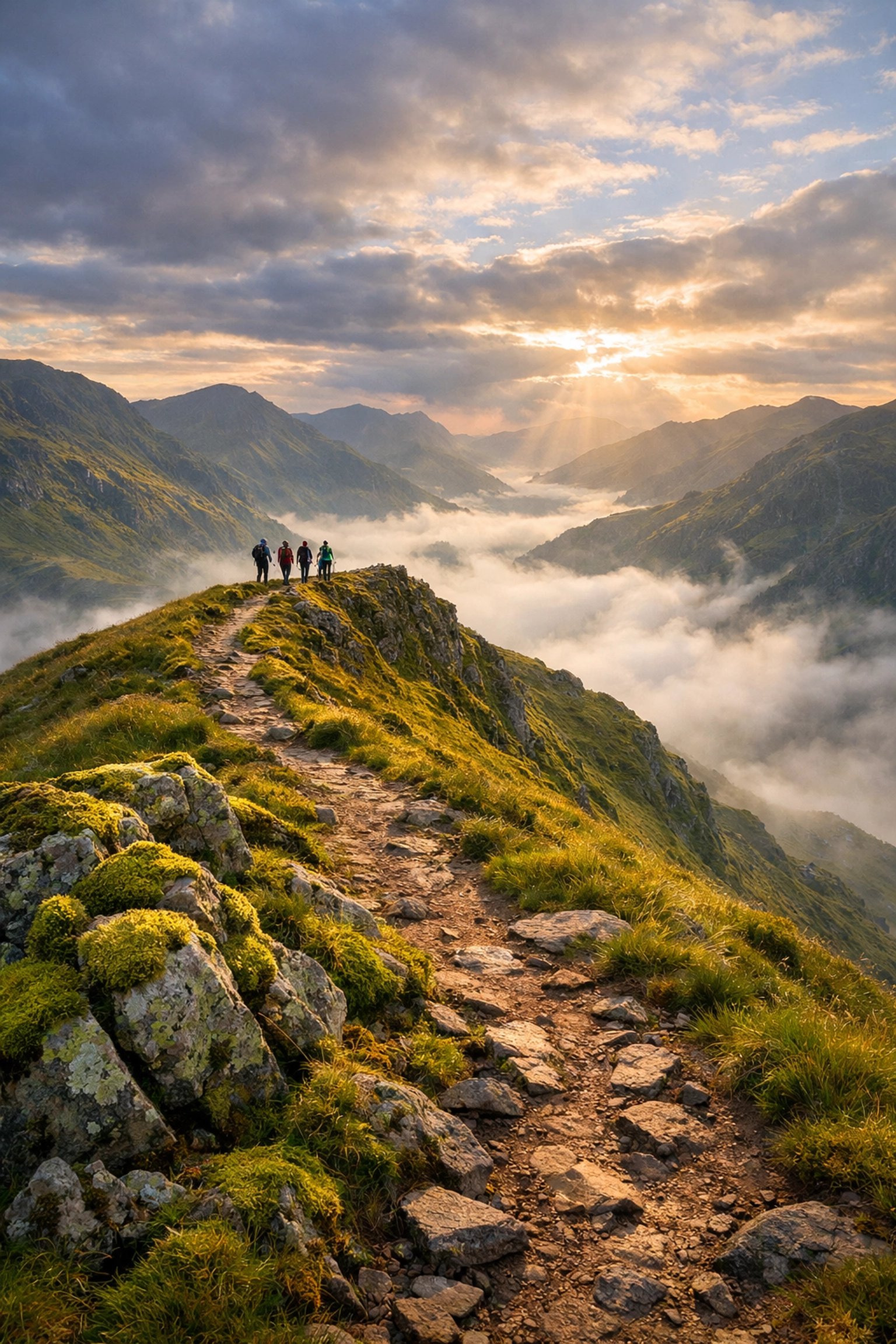 Hikers on guided walk Lake District mountain path with morning mist rolling through valley below
