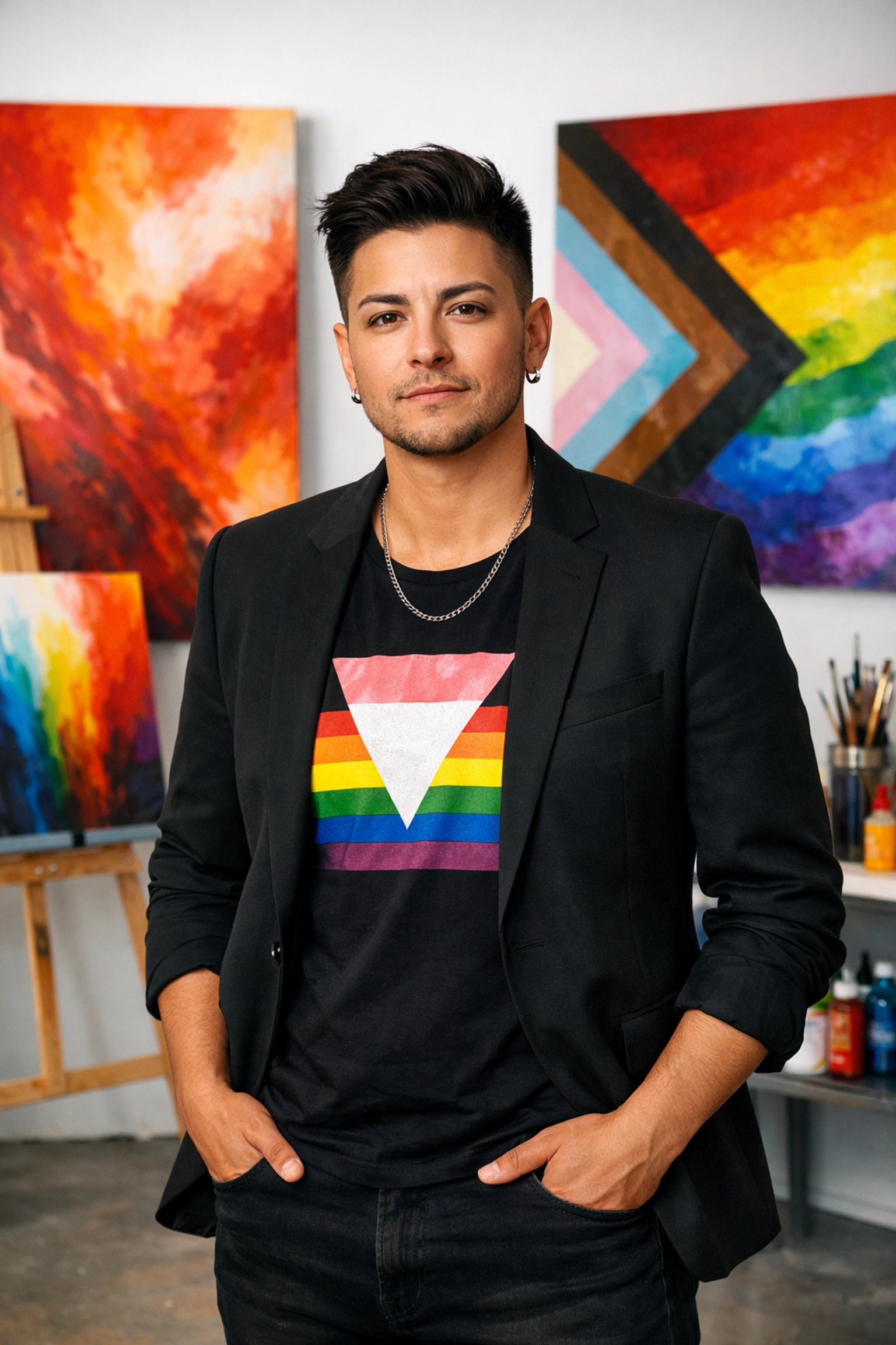 A successful queer creator in a studio with pride-themed art, marking a professional LGBTQ+ life milestone.