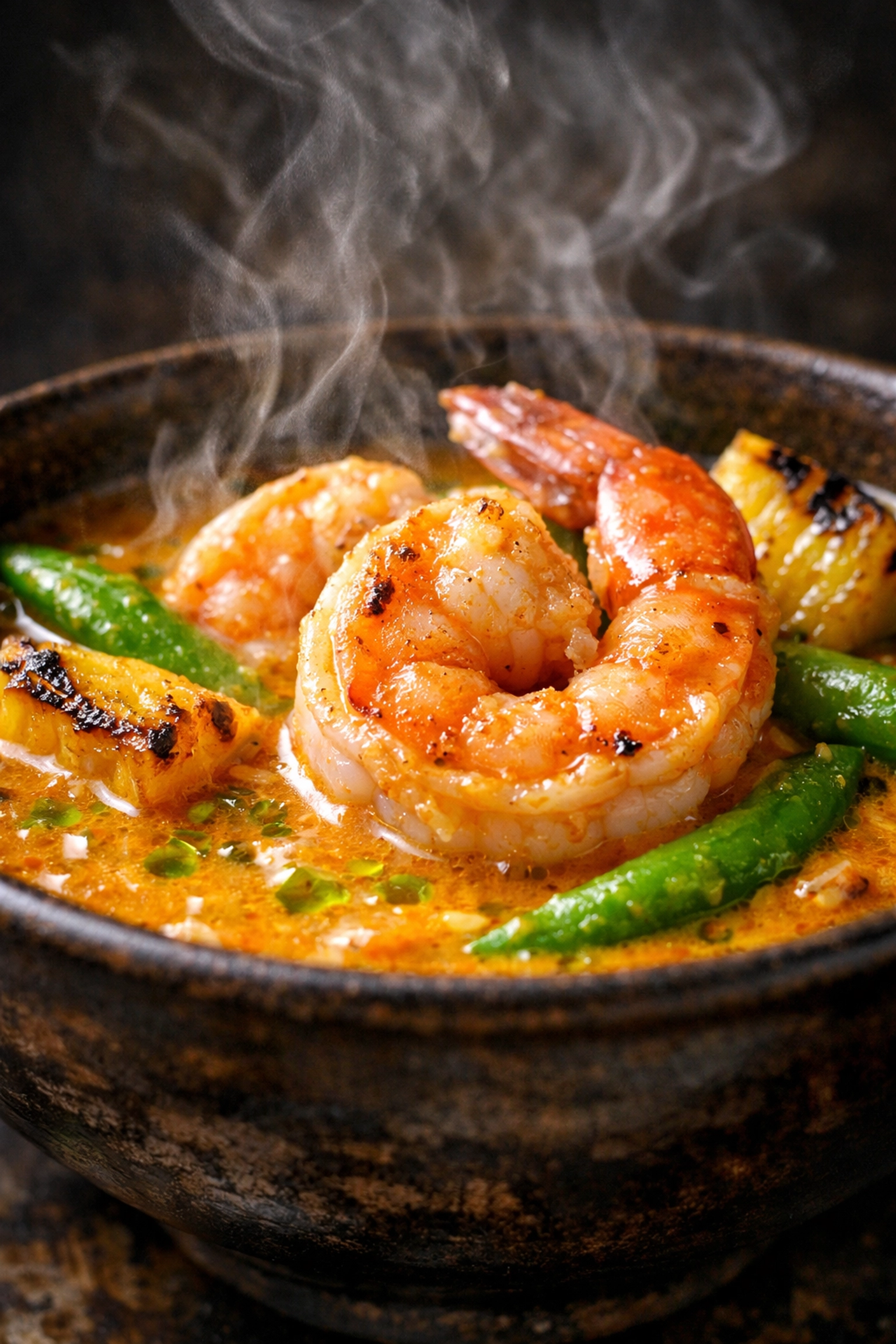 Close-up of steaming Thai coconut curry with shrimp and snap peas in a healthy meal prep bowl.