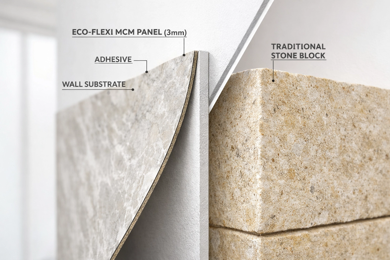 Comparison of 3mm thin ECO-FLEXI MCM flexible stone panels versus heavy traditional stone veneer installation.
