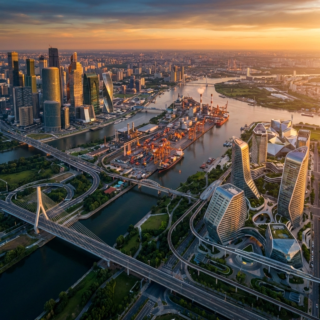 Aerial view of a city blending traditional finance, infrastructure, and innovation, illustrating portfolio diversification