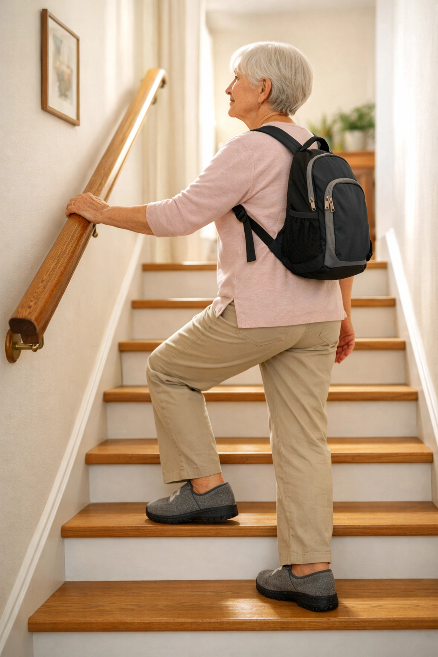Senior woman safely climbing home stairs with a clear path, sturdy handrail, and non-slip footwear.