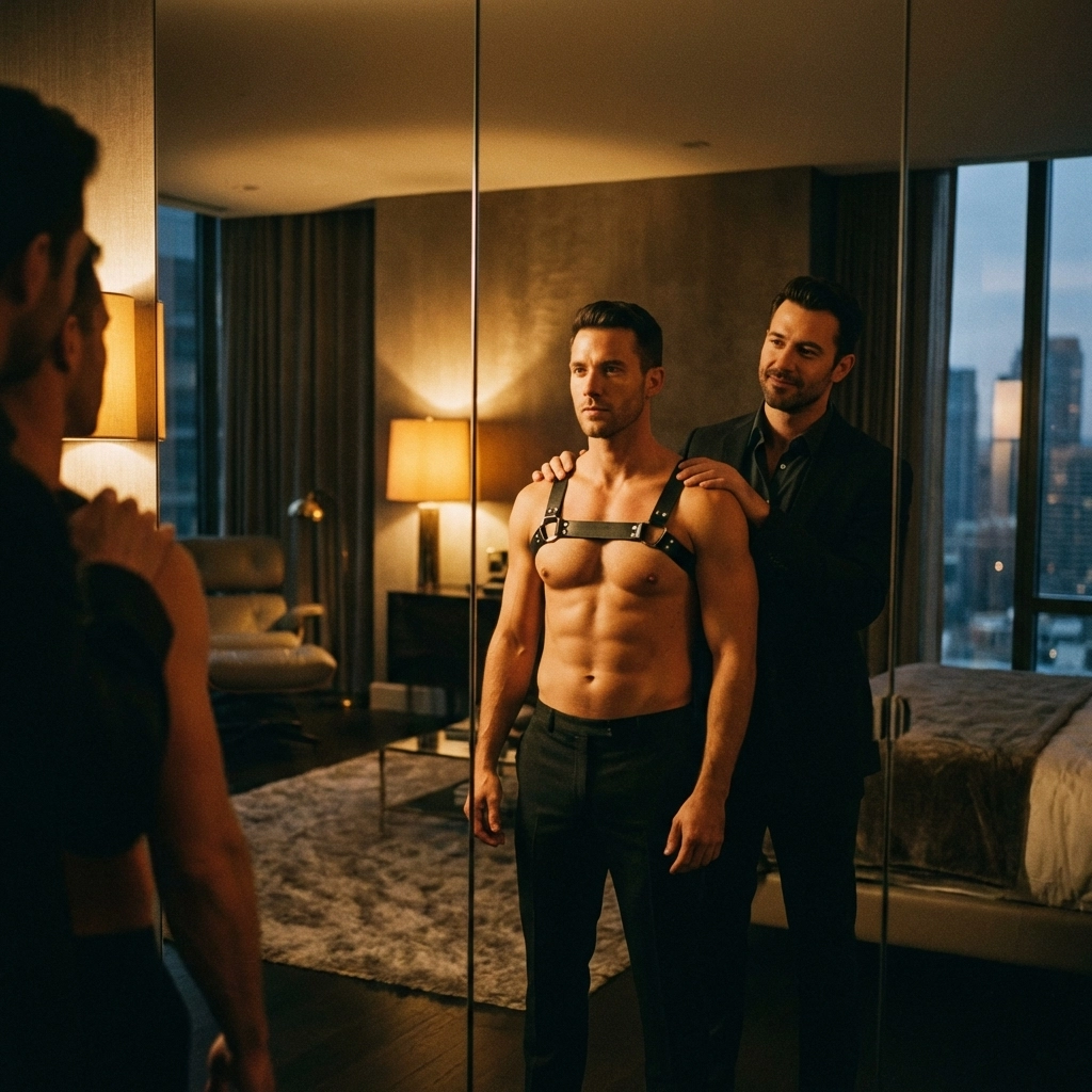 A gay couple in a moody bedroom preparing for a night at an exclusive sex club, wearing a leather harness.