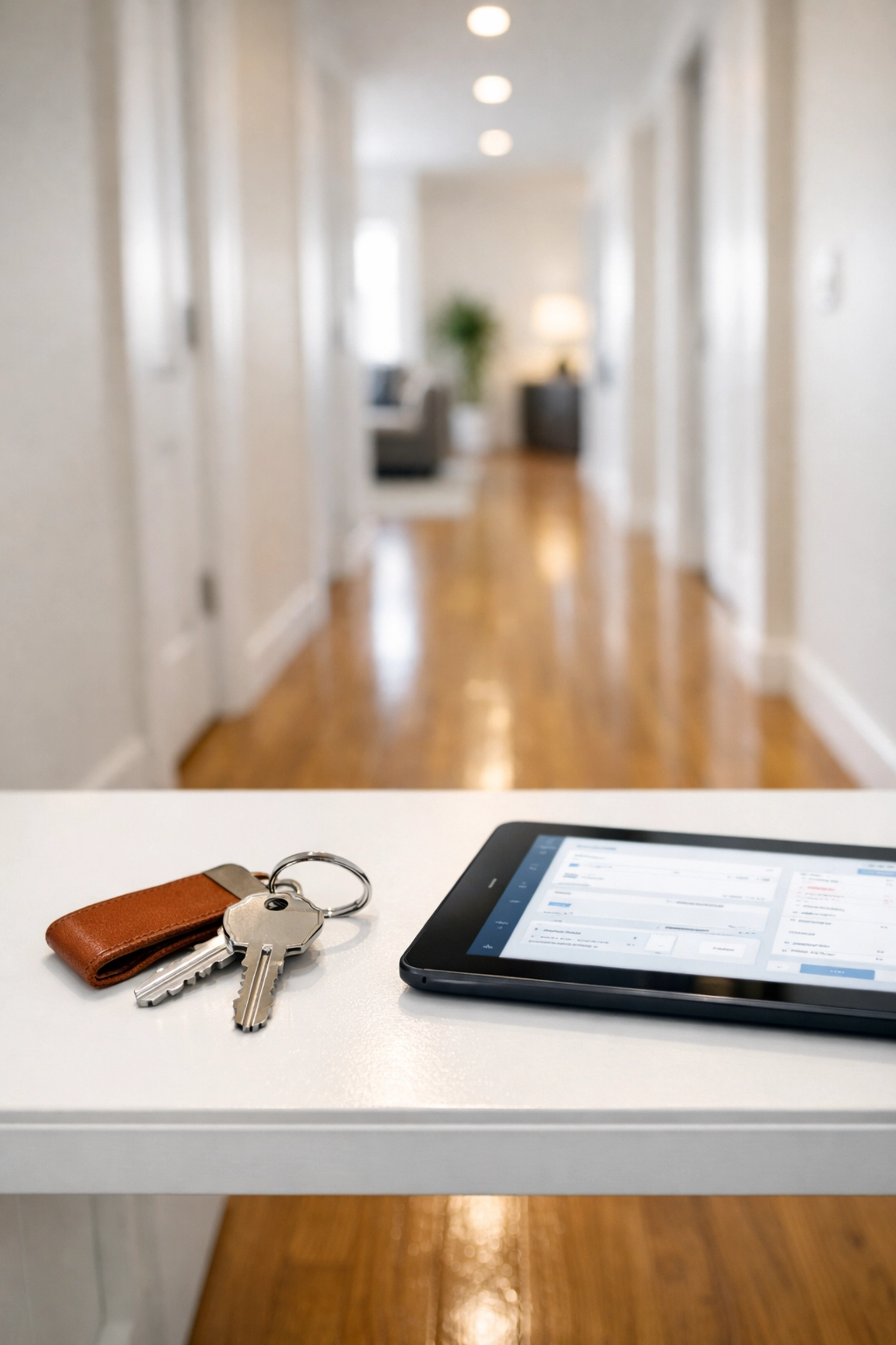 Apartment keys and property management tablet in a clean, rent-ready Detroit unit.