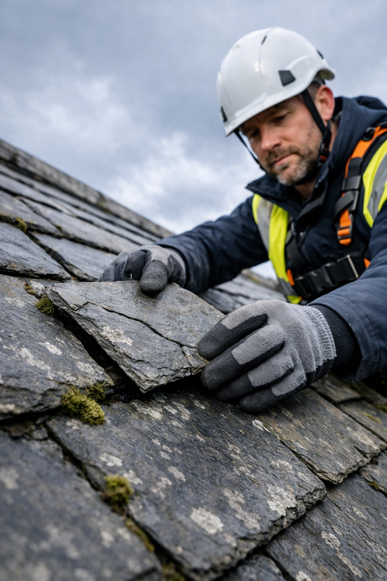 Professional roofer inspecting damaged slate tiles for storm damage in Newry