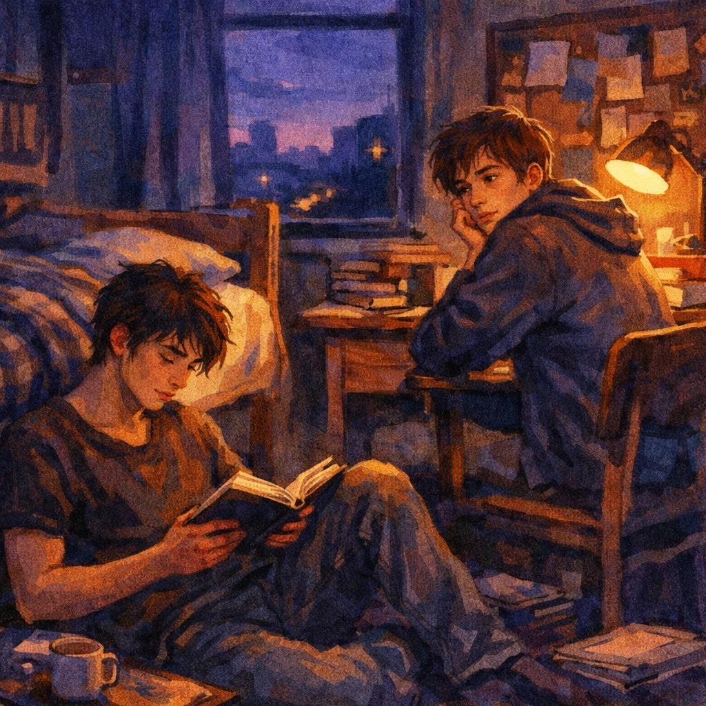 Two male students in a dorm room sharing a pining look, typical of college-themed gay romance novels.