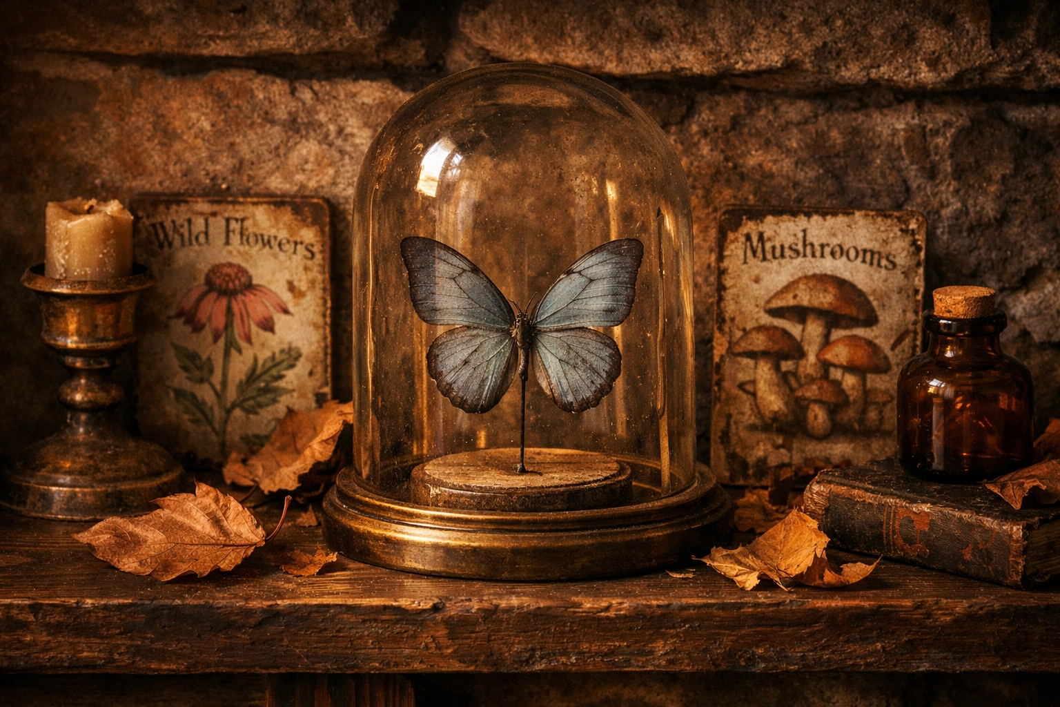 Vintage mantelpiece display with a butterfly specimen cloche and weathered artisan signs.