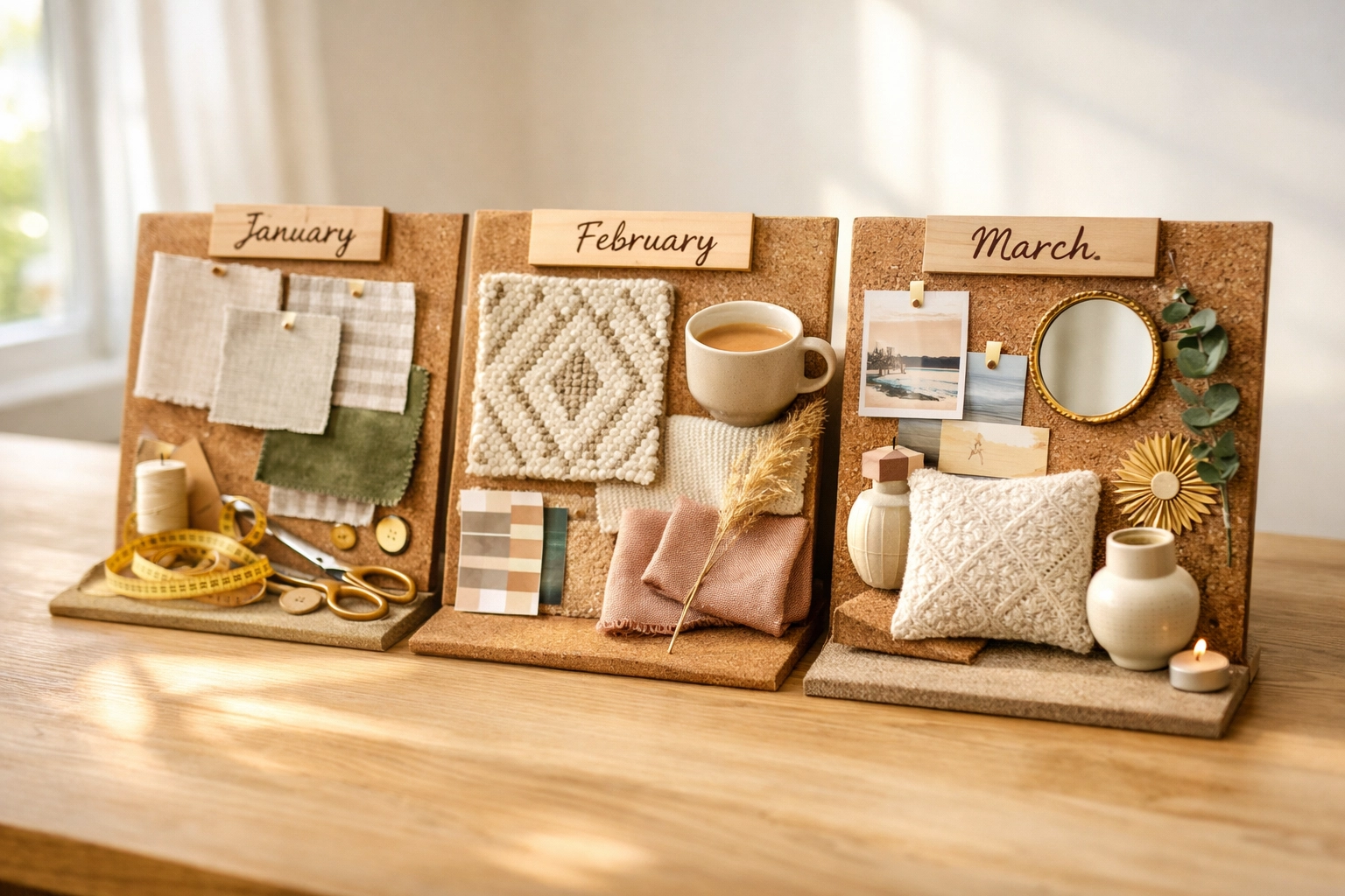 Three monthly planning boards showing decor samples for apartment refresh timeline