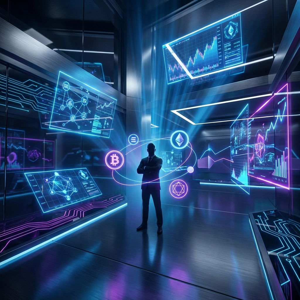 Futuristic trading floor with investor among cryptocurrency charts and blockchain symbols, illustrating digital asset investment strategies