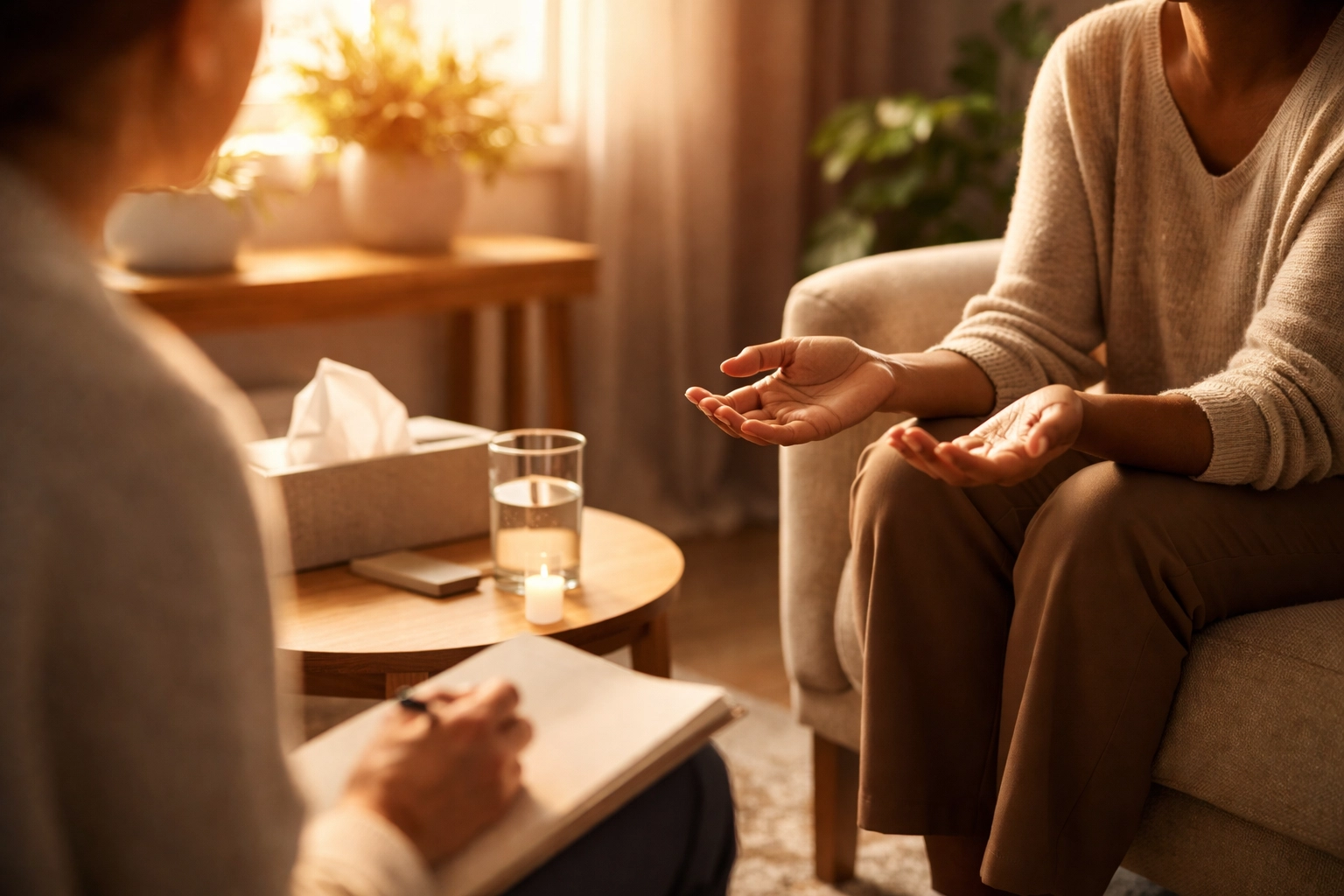 Two people engage in faith-based counseling, finding forgiveness and emotional release in a supportive office.