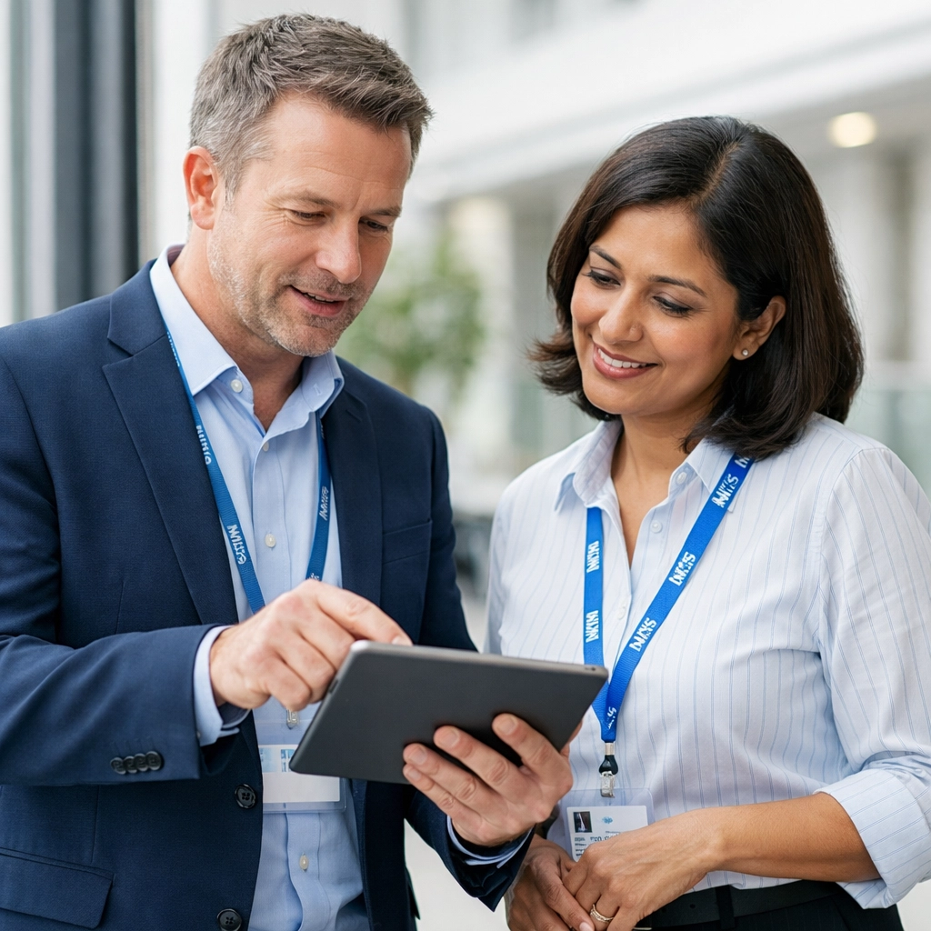 Life Sciences representative and NHS clinical lead collaborating on respiratory care pathways and biologic therapy.