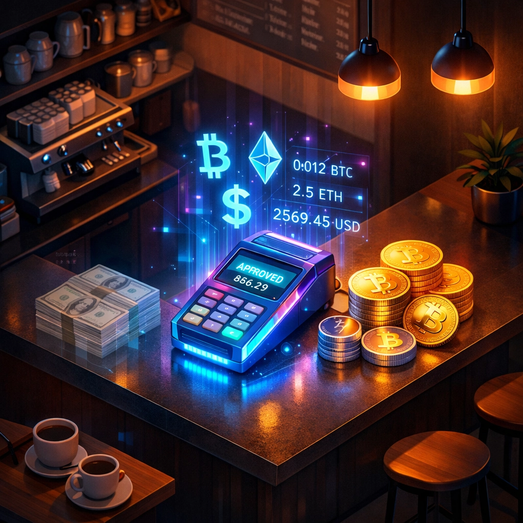 Crypto POS system in modern coffee shop processing Web3 payments with digital currency at checkout counter