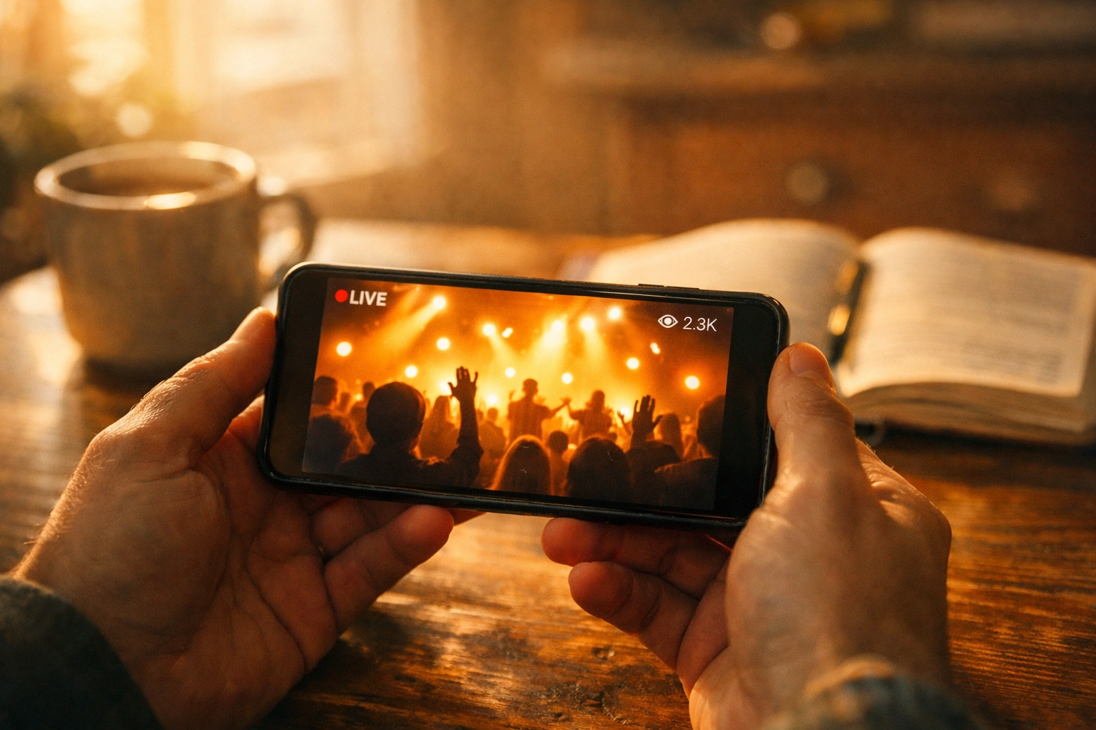 Person watching live-streamed worship service on smartphone during home devotional time