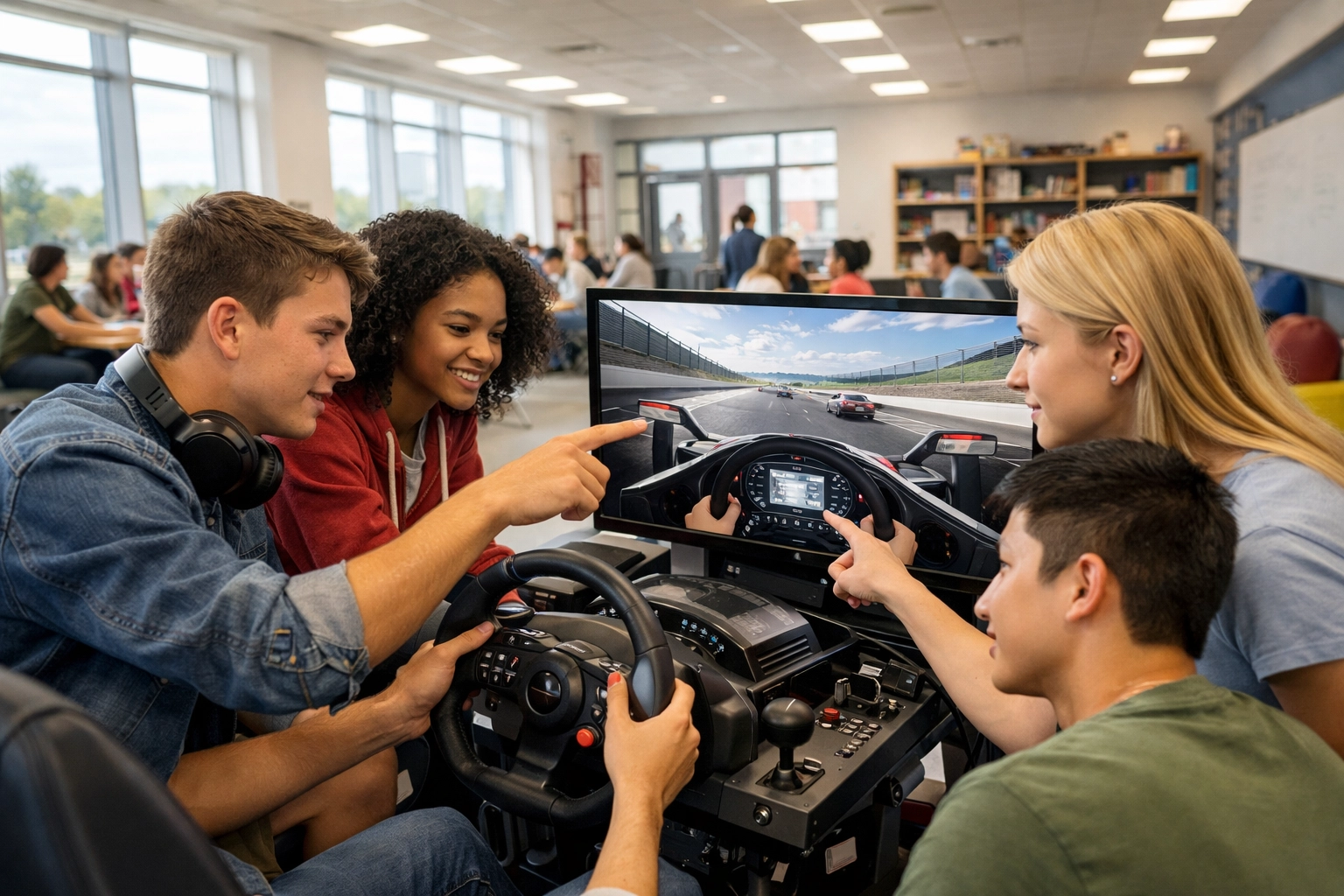 High school students collaborating at an educational simulation workstation as part of a strategic brand partnership.