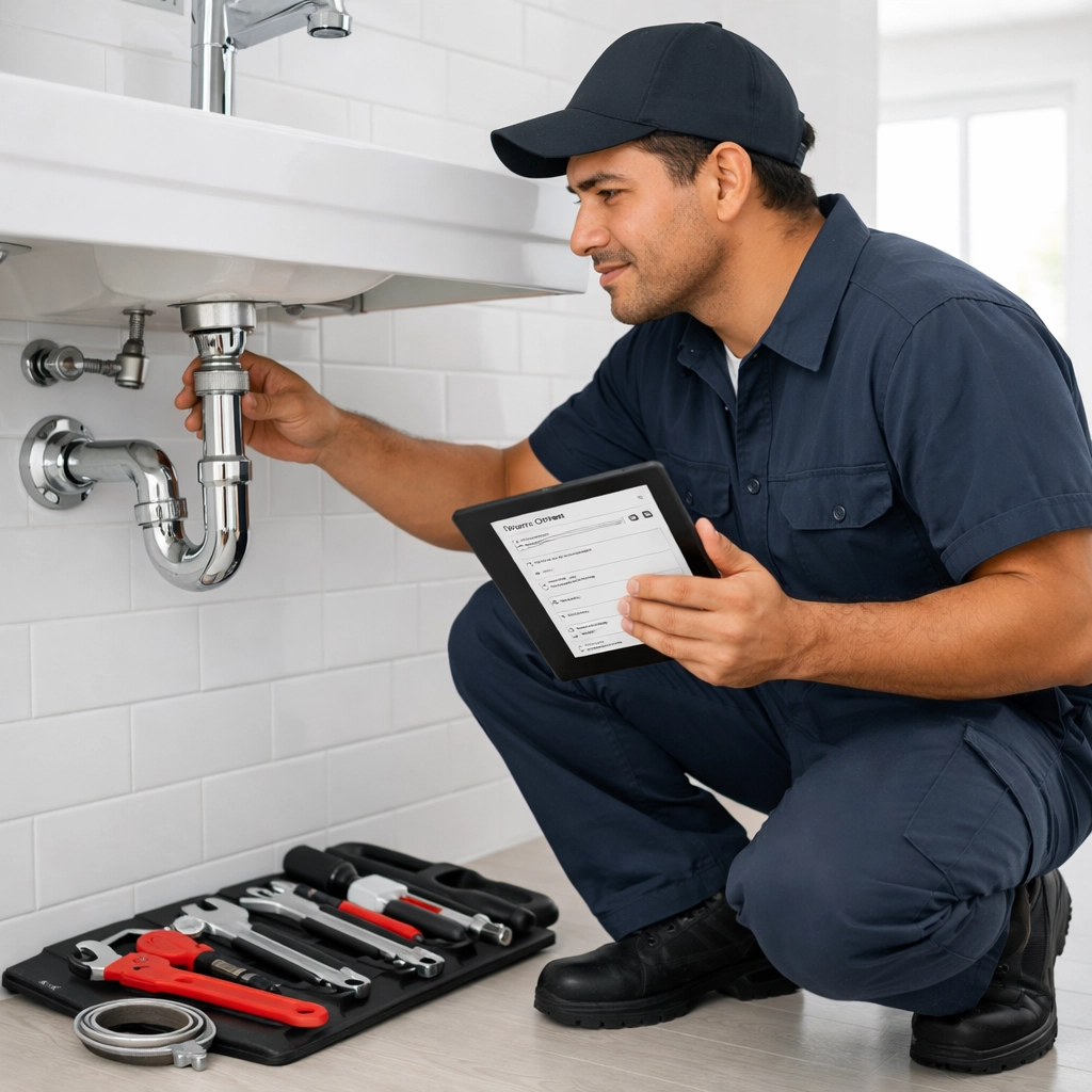 Professional plumber inspecting bathroom fixtures during apartment turnover process