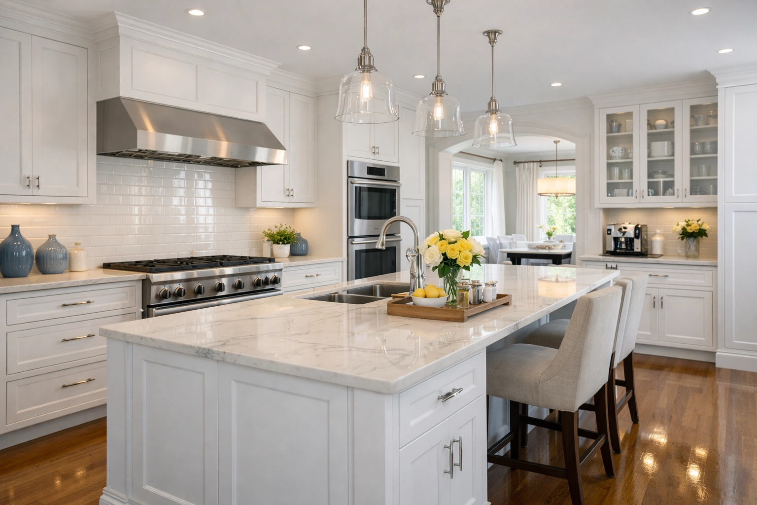 Spotless luxury estate kitchen in Sudbury MA after professional house cleaning service.