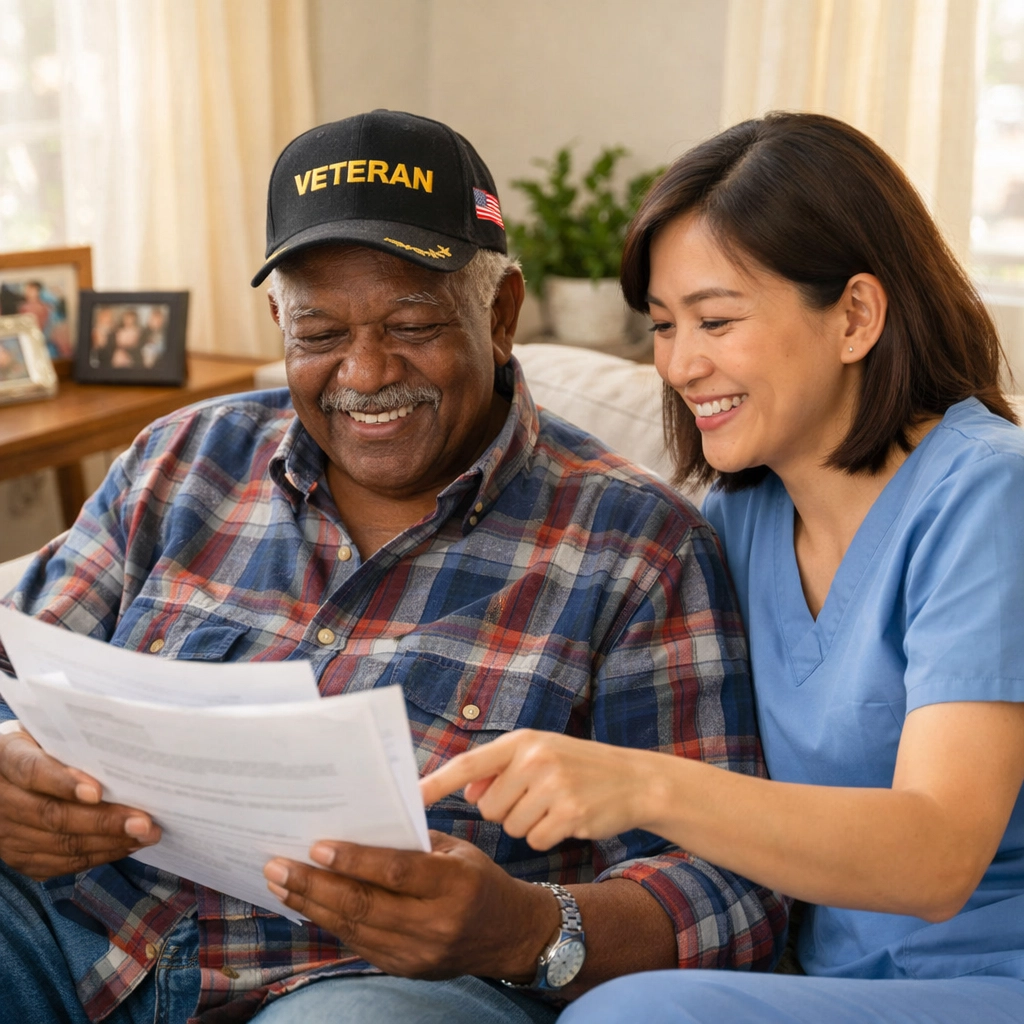 Veteran reviewing home care benefit paperwork with caregiver in Prince William County