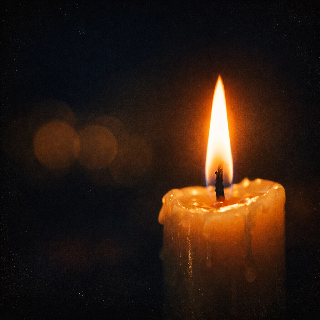 Single candle flame burning in darkness symbolizing hope and strength through trauma and healing